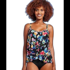 Aqua Green Bright Floral Tiered Tankini Top Women's Small NWT